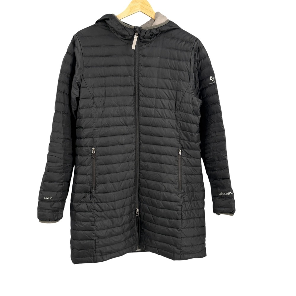 Eddie Bauer Down Parka Travex Jacket Black Hooded Long Coat 700 Fill Medium